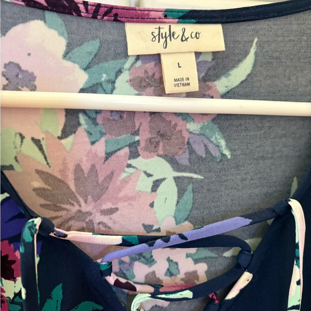 Style & Co. Floral Lace-Up Blouse - Pink, Purple, Green on Navy - Picture 2 of 4